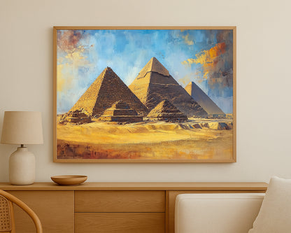 Scenic wall decor featuring the pyramids in a bright desert setting with blue, beige, and gold tones