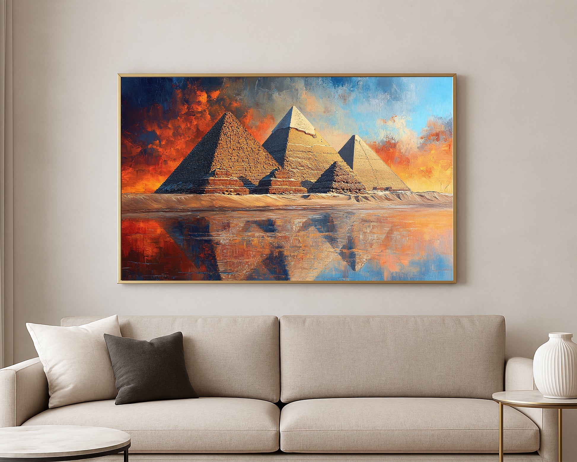 Textured desert landscape artwork featuring the pyramids of Egypt with warm stone tones and mirrored reflections