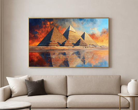 Textured desert landscape artwork featuring the pyramids of Egypt with warm stone tones and mirrored reflections