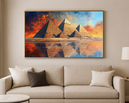 Architectural wall art print showing ancient pyramids against a bold sunset-inspired sky in blue, gold, and rust tones