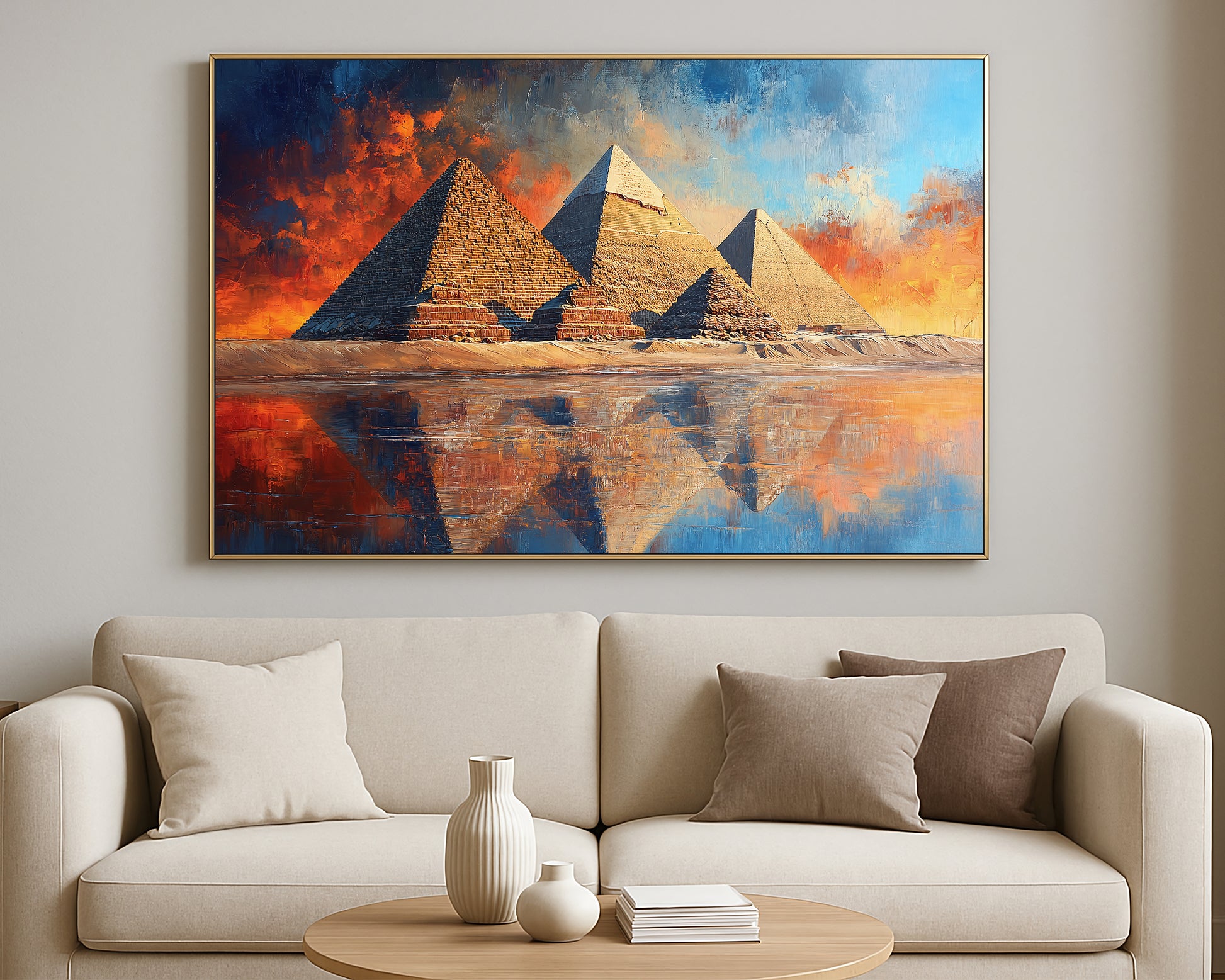 Travel-inspired landscape artwork of Egyptian pyramids with reflective water and rich painterly texture