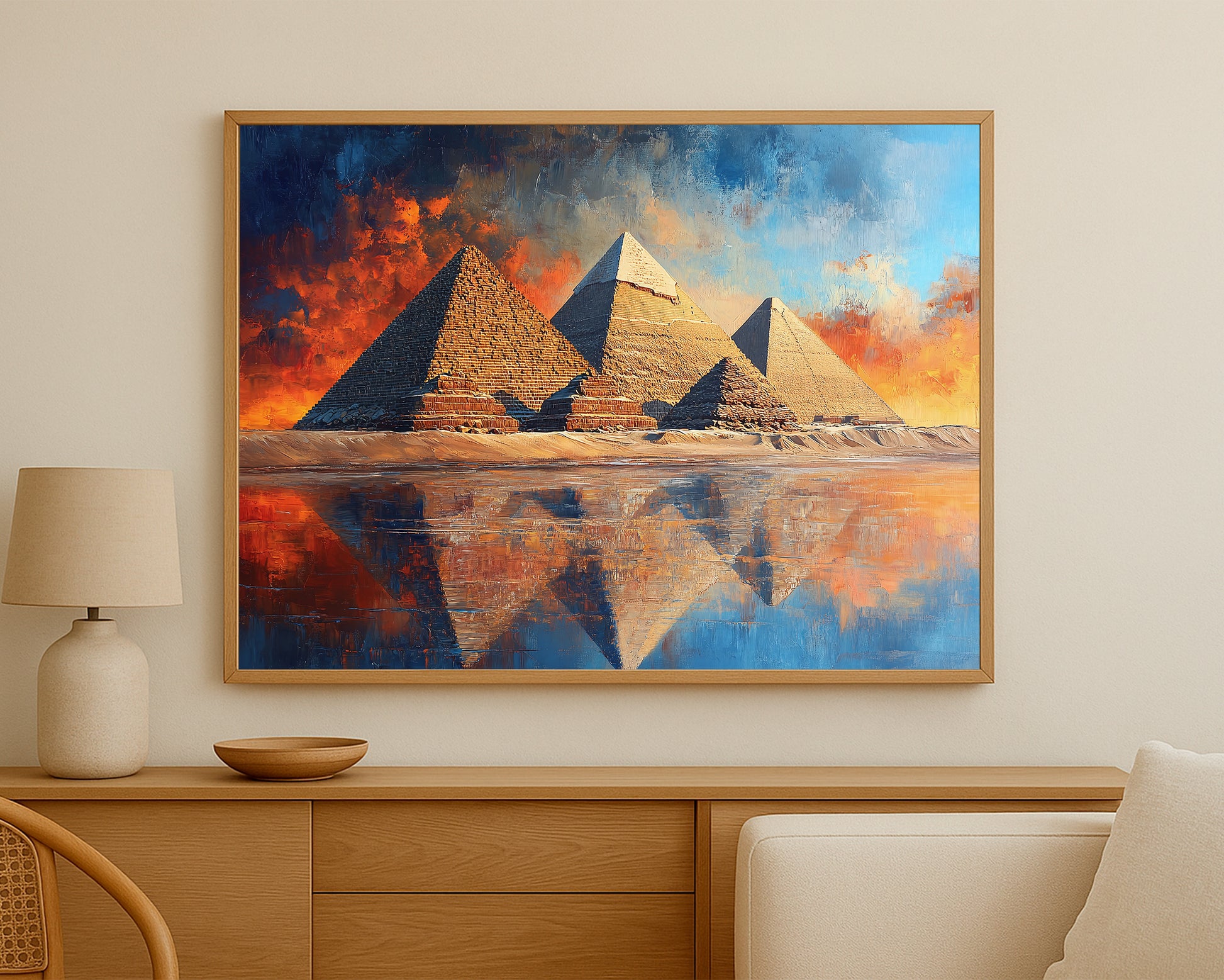 Scenic wall decor featuring the pyramids in a luminous desert setting with blue, beige, gold, and burnt orange tones