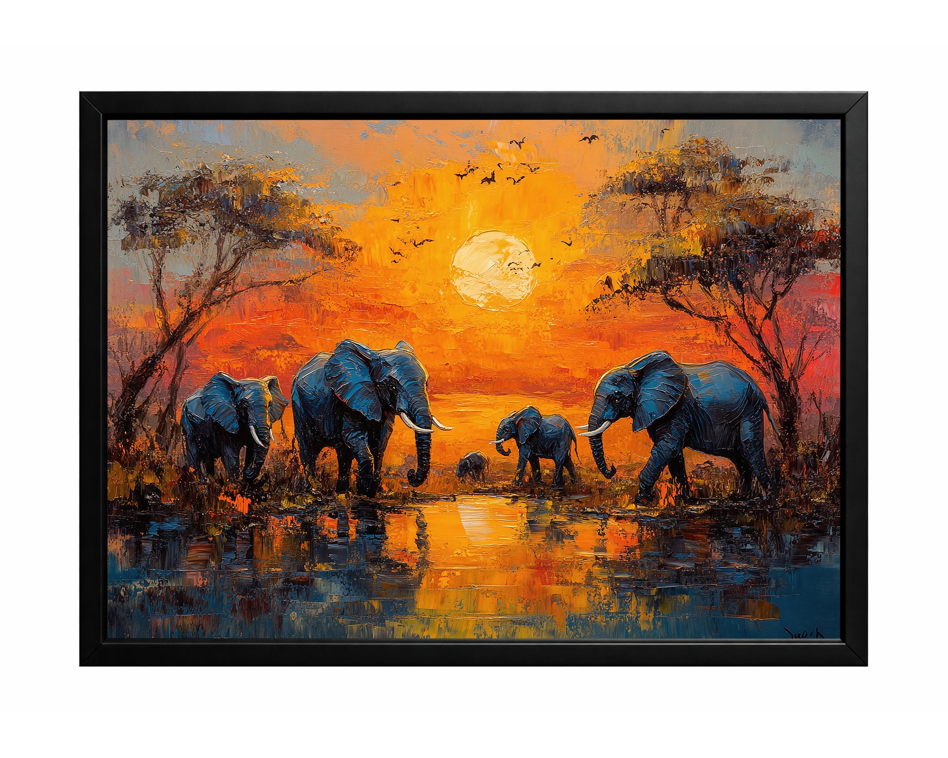 Elephant sunset wall art with a group of elephants gathered by reflective water beneath a glowing orange sky