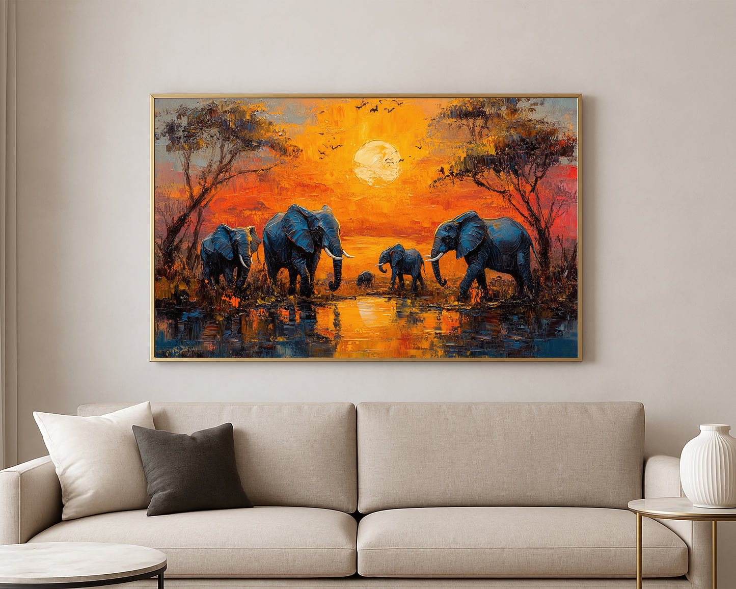 Textured wildlife artwork featuring elephants in a warm African savanna scene with acacia trees and sunset light