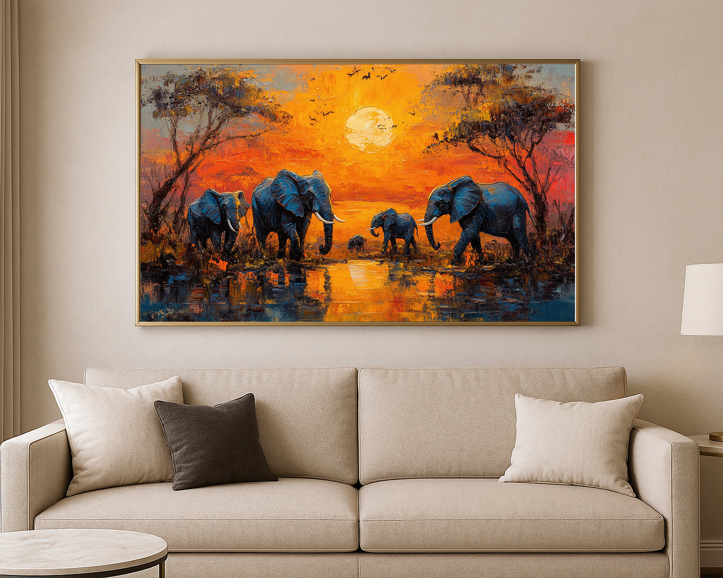 Safari wall art print showing elephants near water with rich blue shadows and golden orange painterly tones