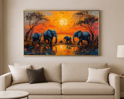 Safari wall art print showing elephants near water with rich blue shadows and golden orange painterly tones