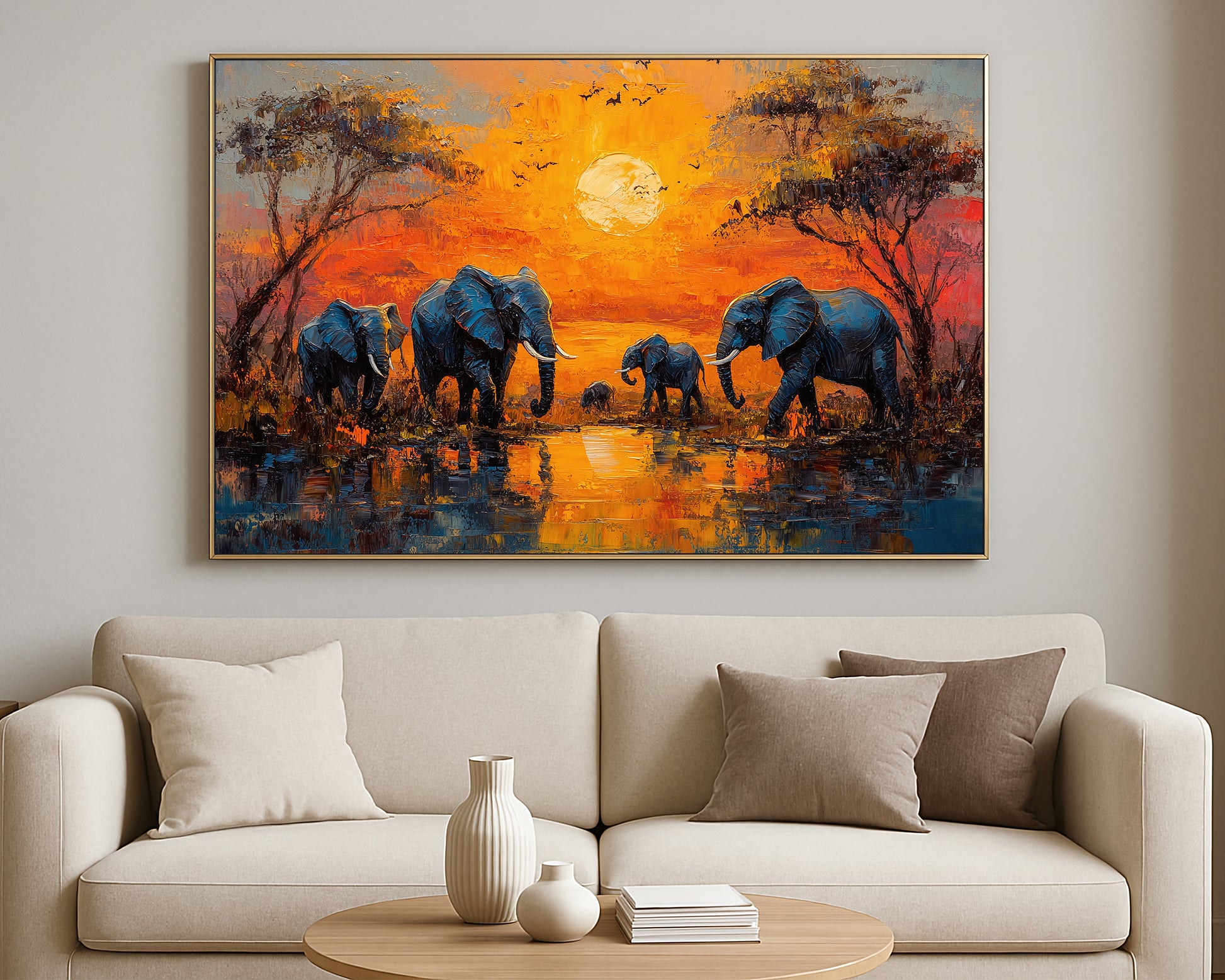 African animal wall decor with a herd of elephants, dramatic sunset colors, and layered textured brushwork