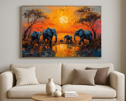 African animal wall decor with a herd of elephants, dramatic sunset colors, and layered textured brushwork