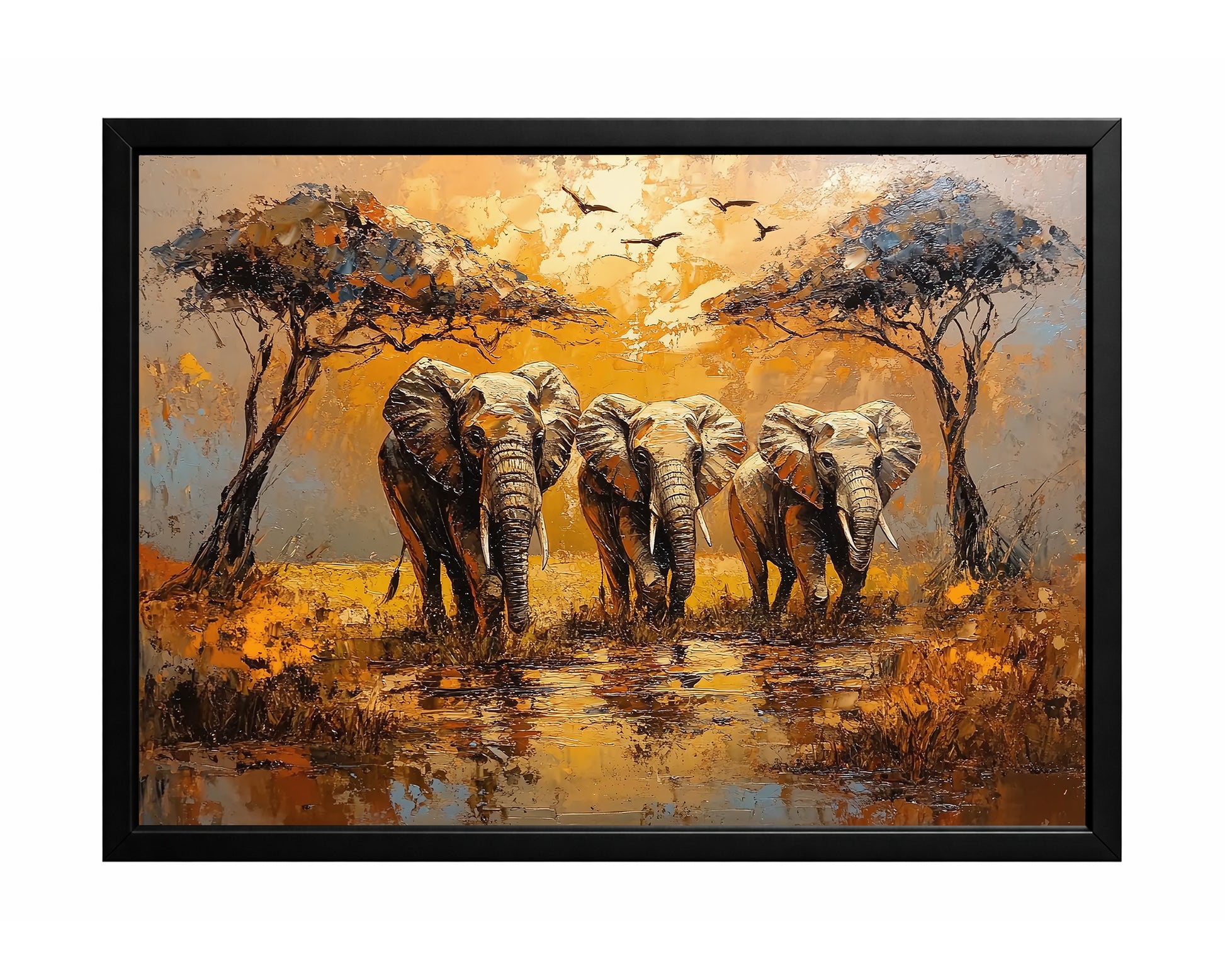 Elephant savanna wall art with three elephants walking through a golden African landscape between acacia trees