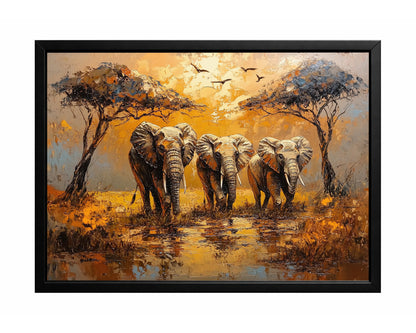 Elephant savanna wall art with three elephants walking through a golden African landscape between acacia trees