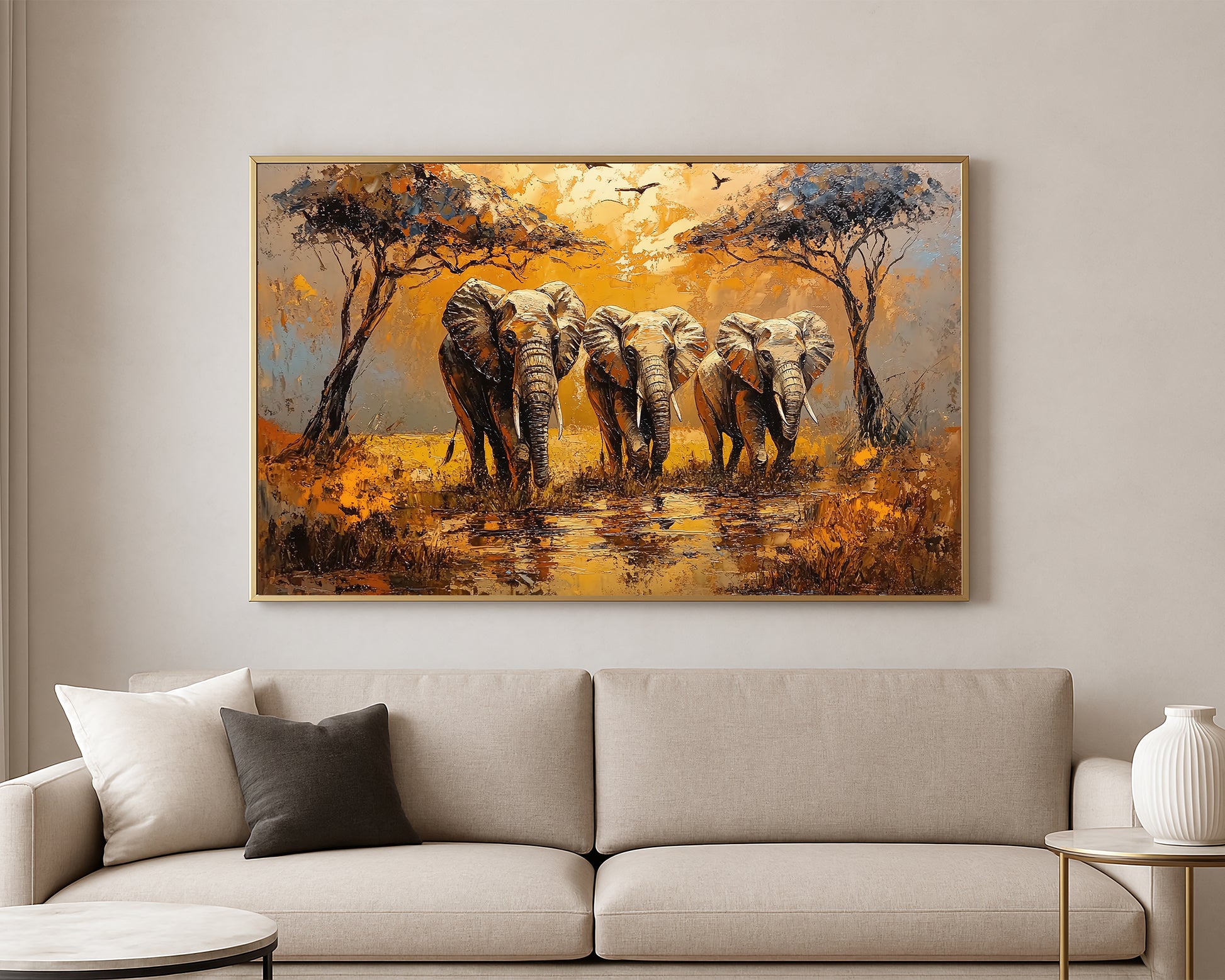 Textured wildlife artwork featuring elephants in warm earthy tones with a glowing safari sunset sky