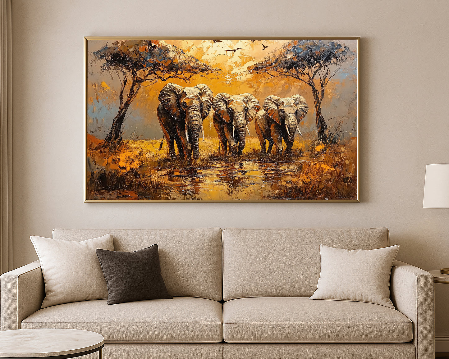 African animal wall art showing a herd of elephants in a painterly savanna scene with reflective ground