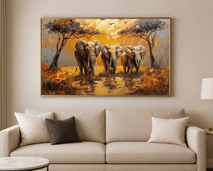 African animal wall art showing a herd of elephants in a painterly savanna scene with reflective ground
