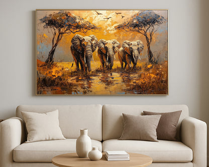 Safari wall decor with three elephants, acacia trees, and layered gold, beige, and brown brushstrokes