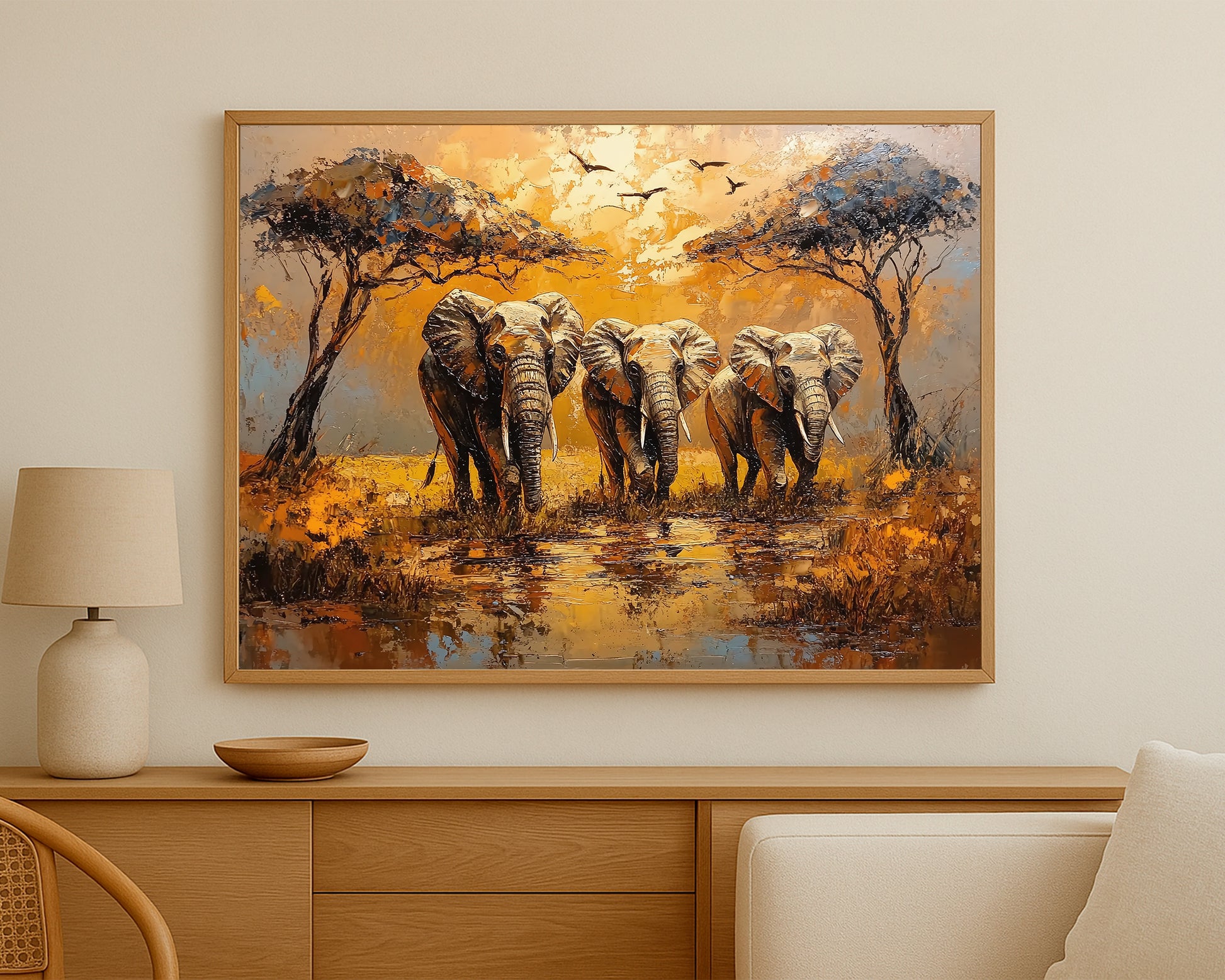Nature-inspired elephant print with textured detail and a warm sunset-toned African landscape