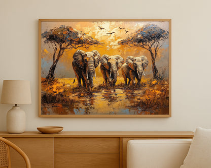 Nature-inspired elephant print with textured detail and a warm sunset-toned African landscape