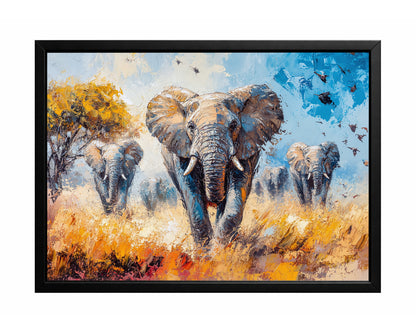 Elephant herd wall art with several elephants walking through golden savanna grass under a bright blue sky