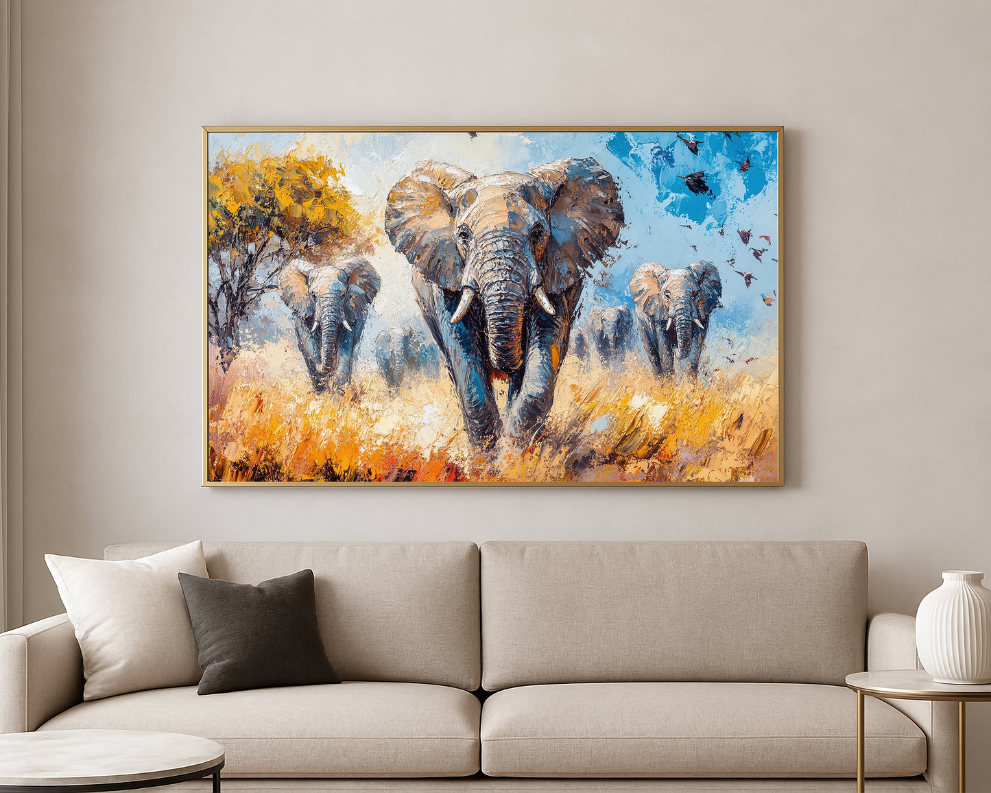 Textured wildlife artwork featuring a group of elephants in a warm African landscape with birds overhead