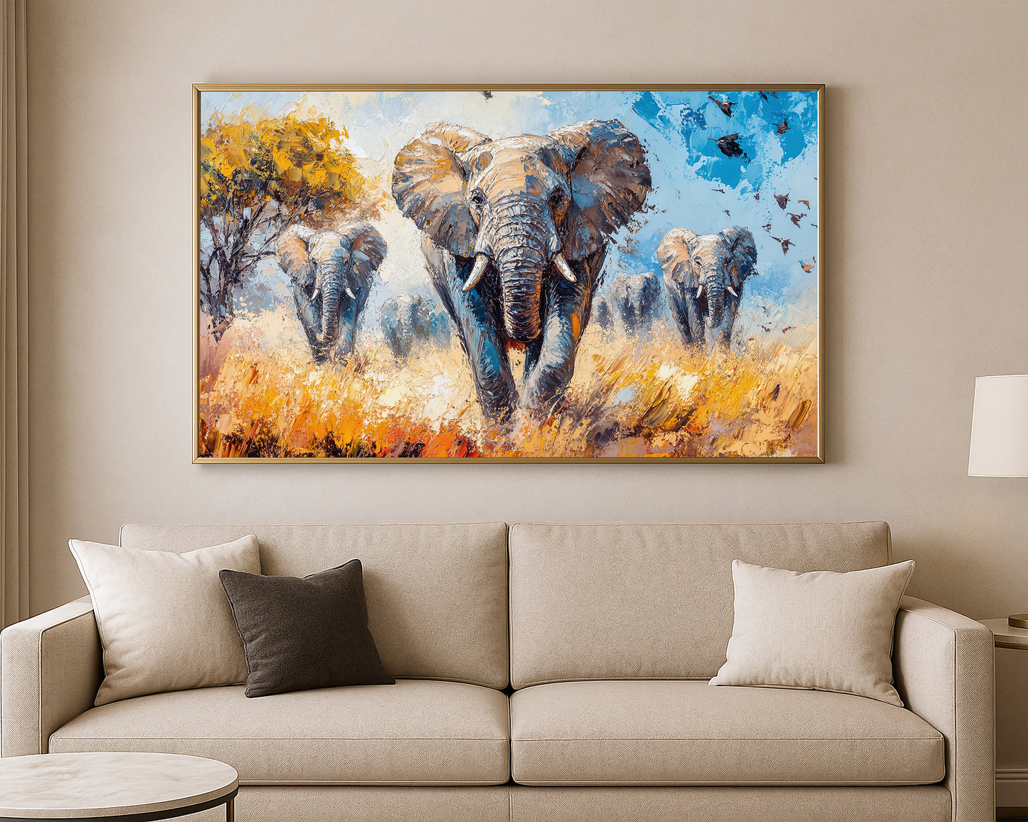 Safari wall art print showing elephants in motion with expressive brushwork and golden grassland tones