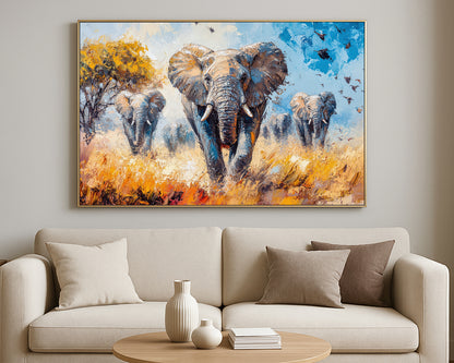 African animal wall decor with an elephant herd, soft blue sky, and layered earthy painterly texture