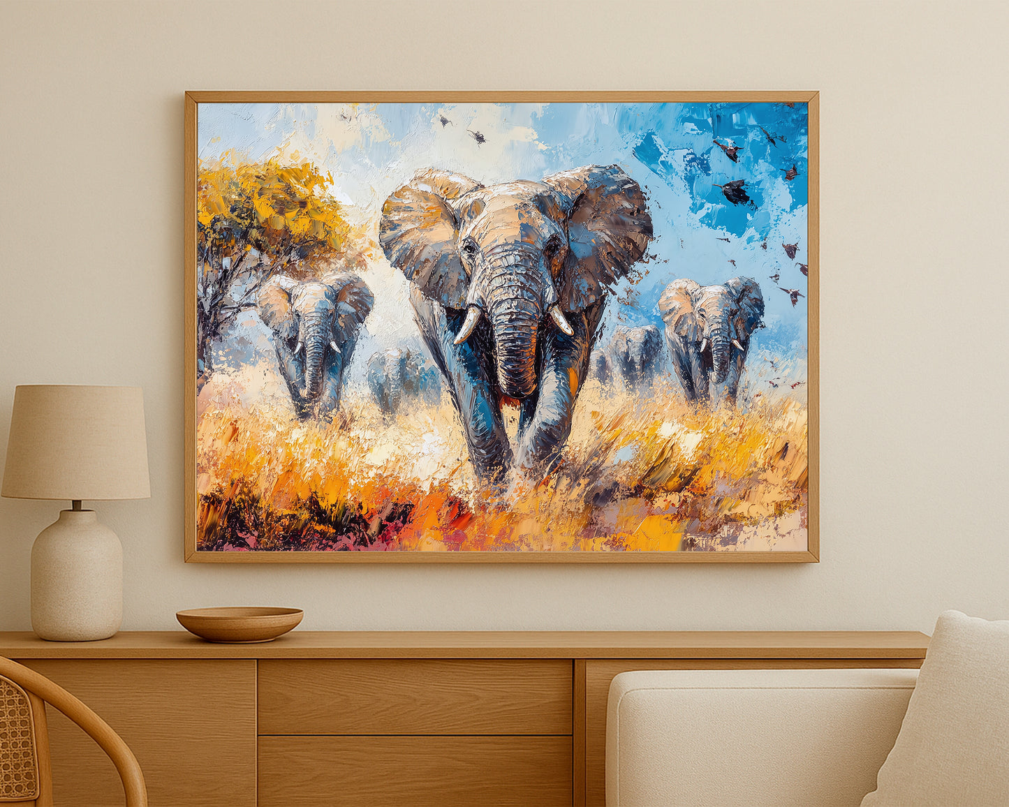Nature-inspired elephant artwork with warm ochre grasses, textured detail, and a dynamic savanna scene