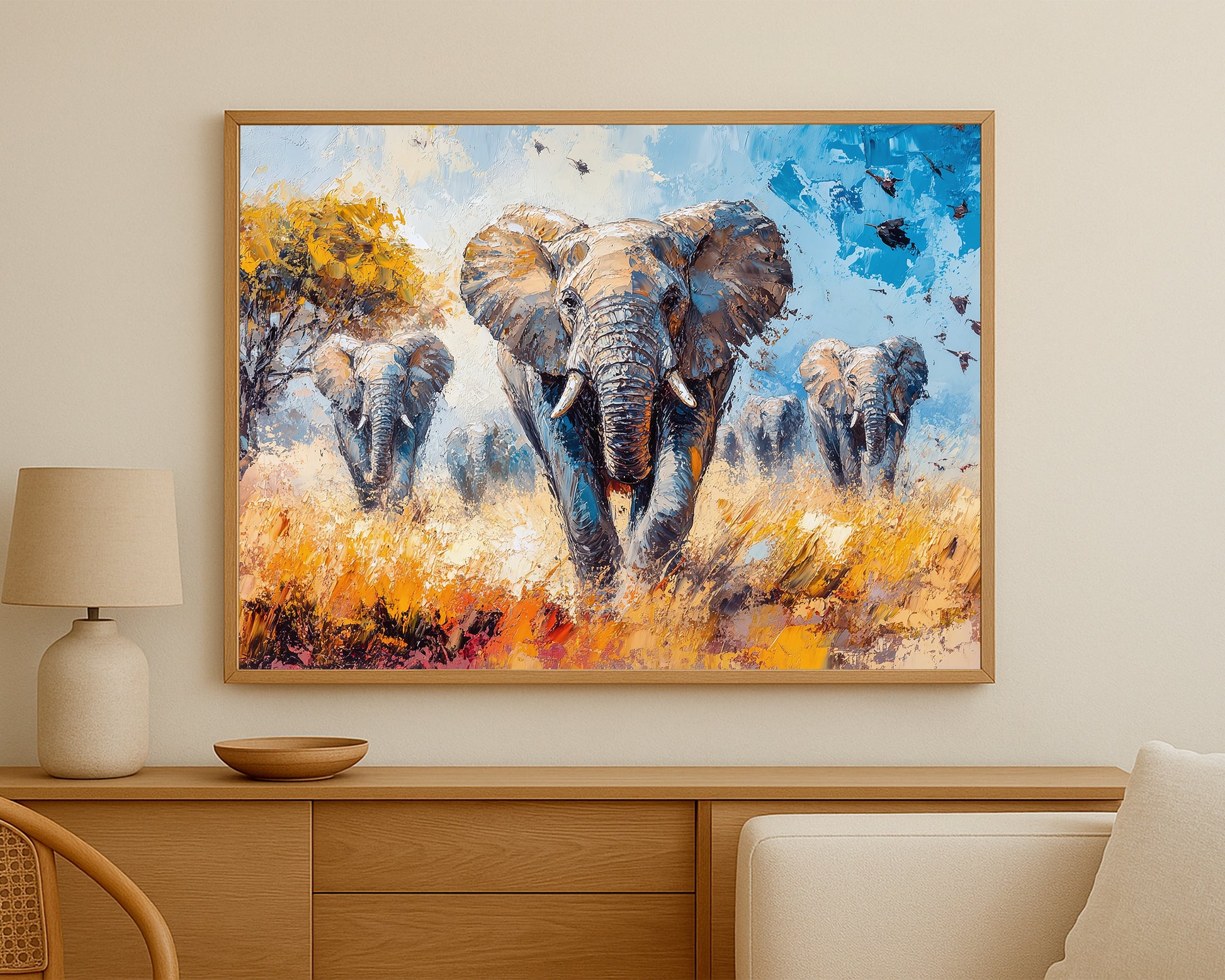 Nature-inspired elephant artwork with warm ochre grasses, textured detail, and a dynamic savanna scene