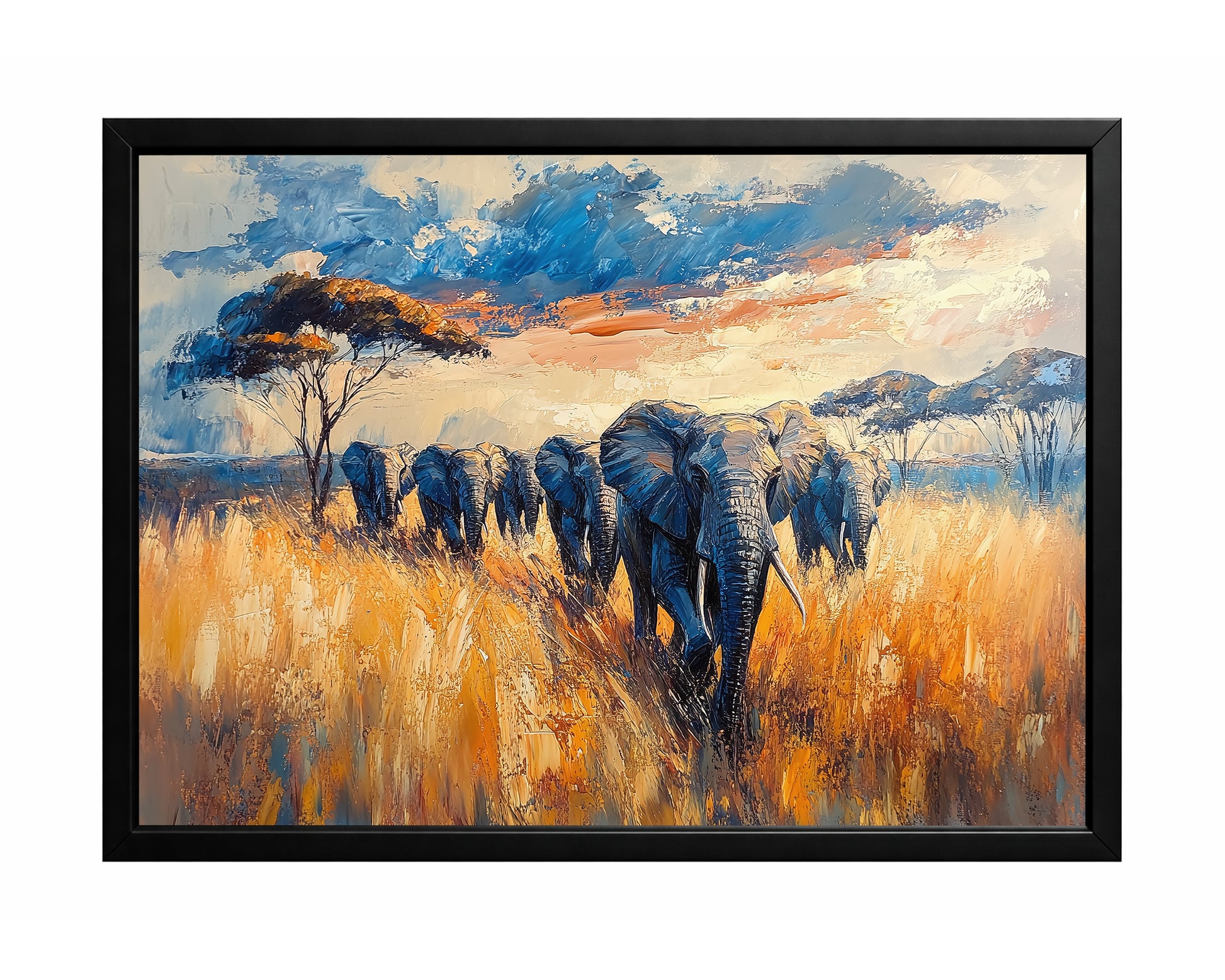 Elephant savanna wall art with a herd of elephants walking through tall golden grass under a bright blue sky
