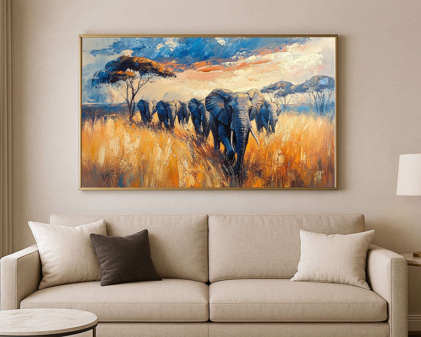 Safari wall art print showing a group of elephants moving through golden grassland with expressive brushwork
