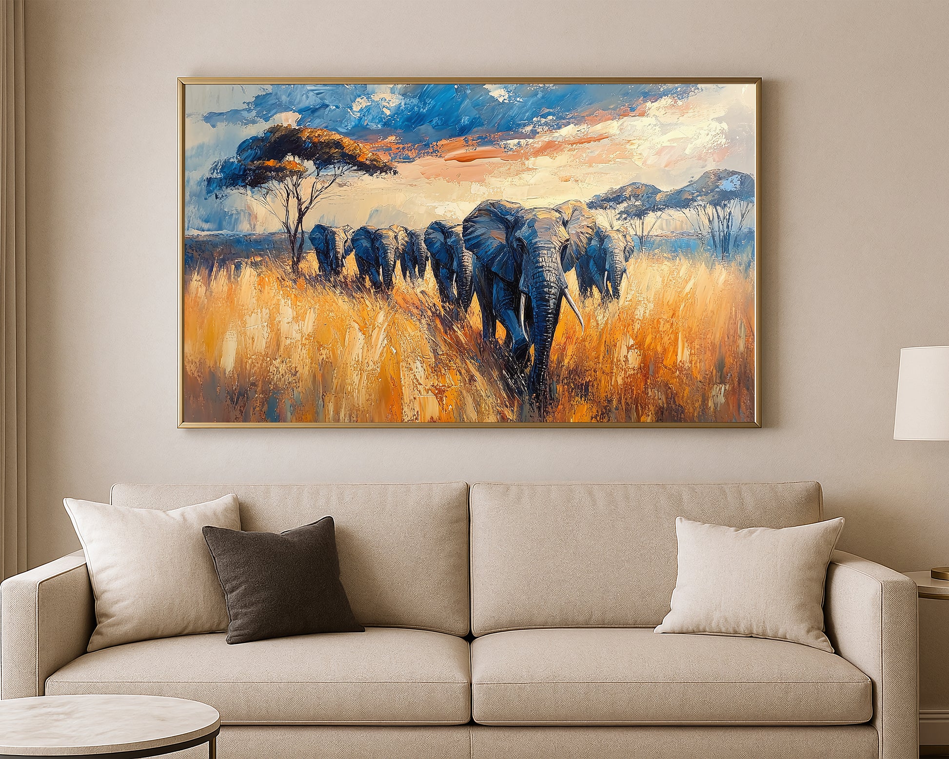 Safari wall art print showing a group of elephants moving through golden grassland with expressive brushwork