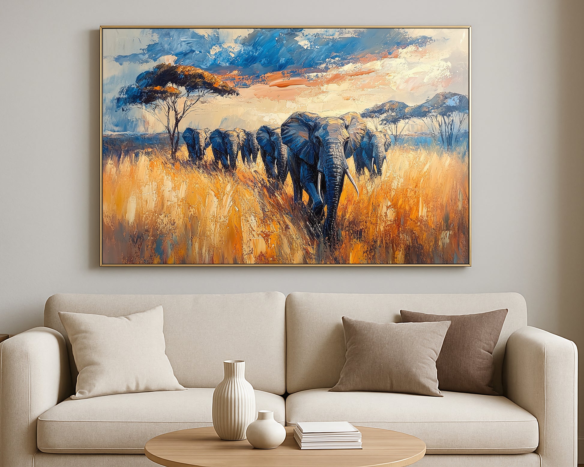African animal wall decor with elephants, layered earthy tones, and a soft blue sky in a painterly landscape