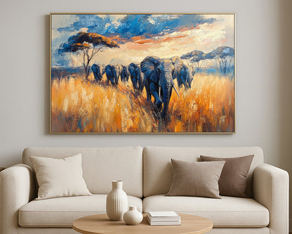 African animal wall decor with elephants, layered earthy tones, and a soft blue sky in a painterly landscape