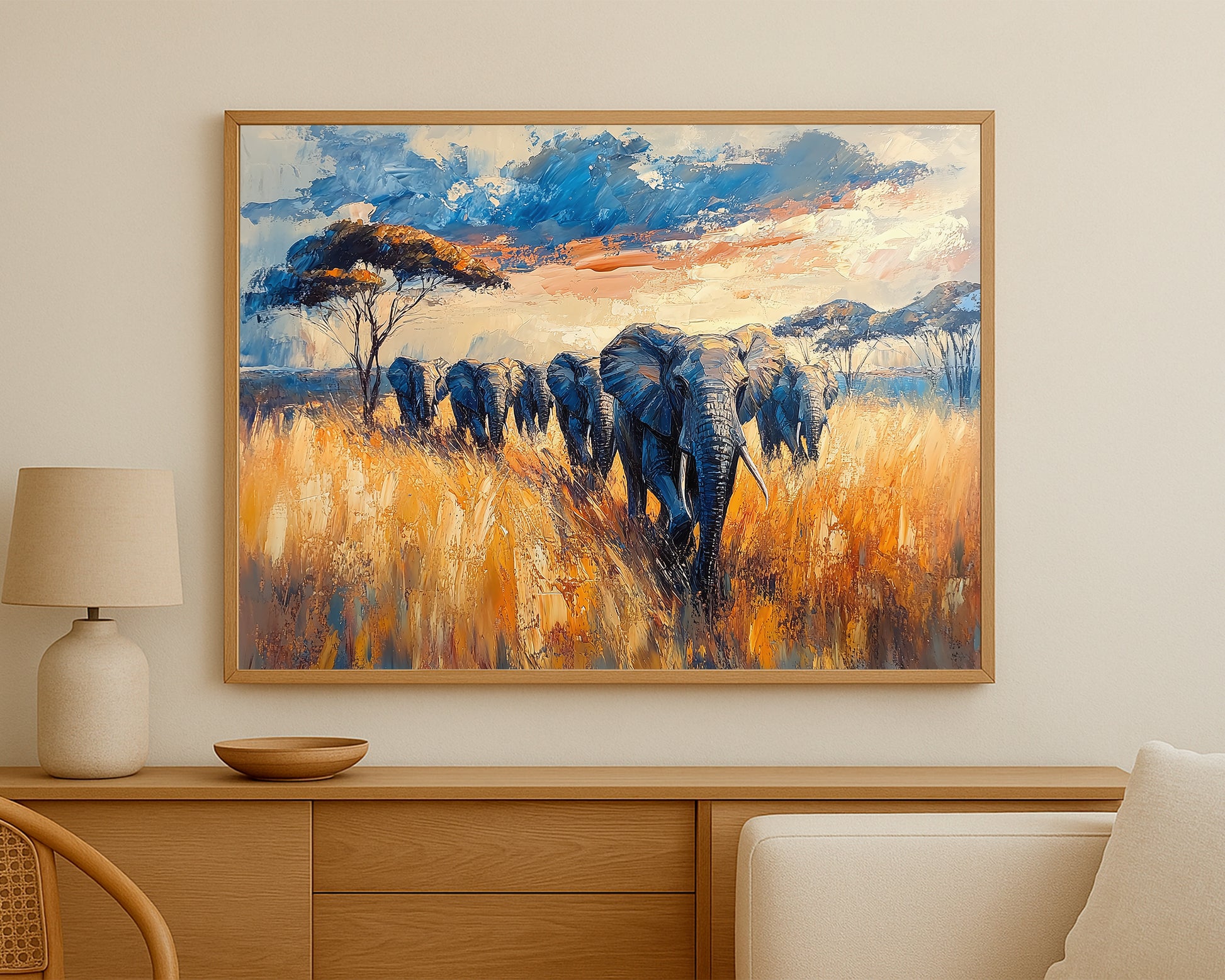 Nature-inspired elephant artwork with textured detail, warm ochre grasses, and a serene savanna scene