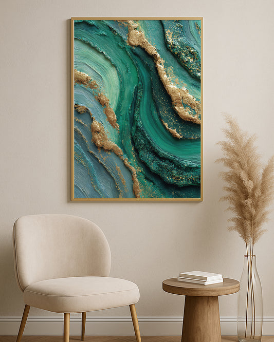 Textured abstract print featuring teal, emerald, blue-green, and gold layered organic forms.