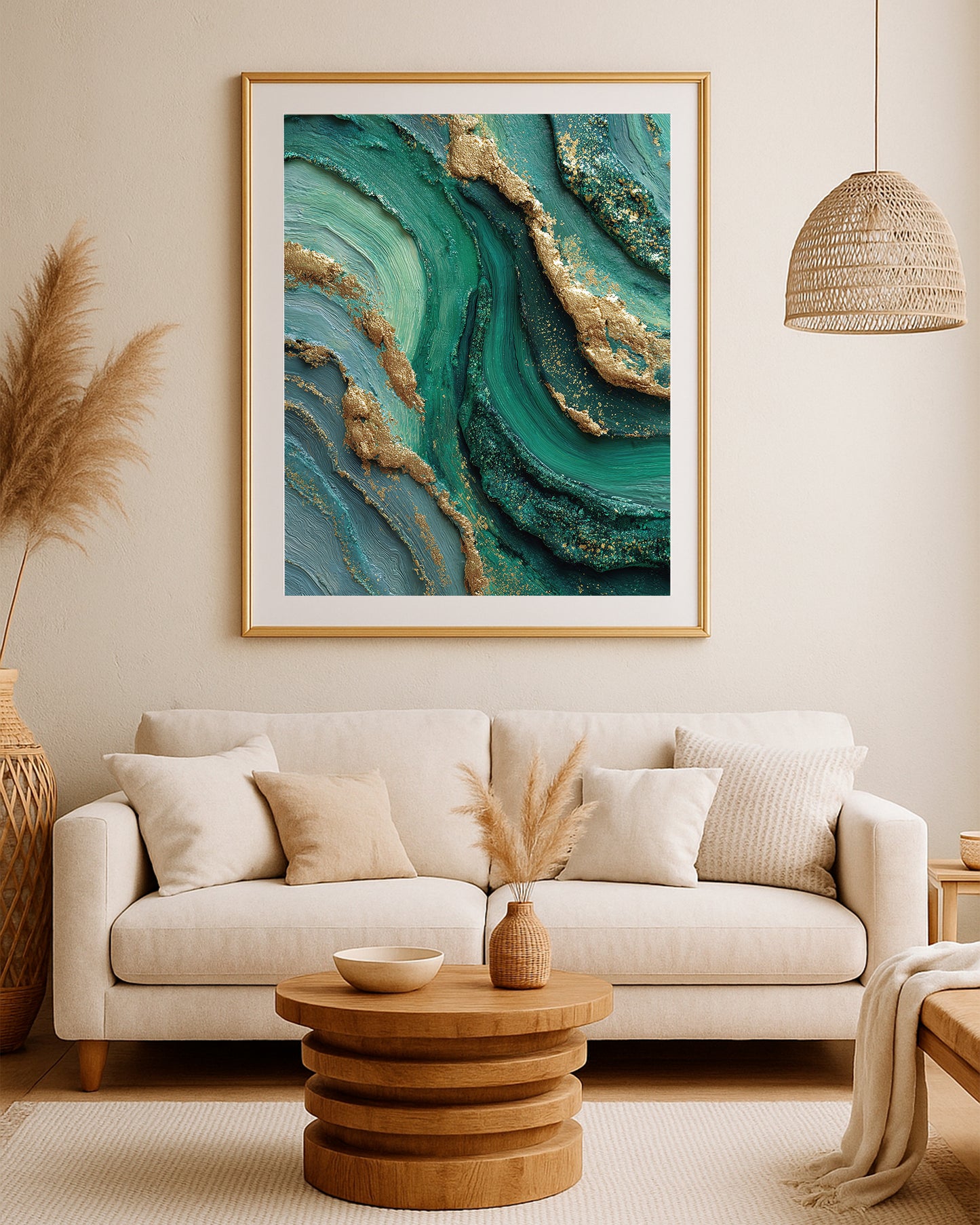 Close-up green abstract artwork with flowing mineral-style lines and rich metallic-style gold details.