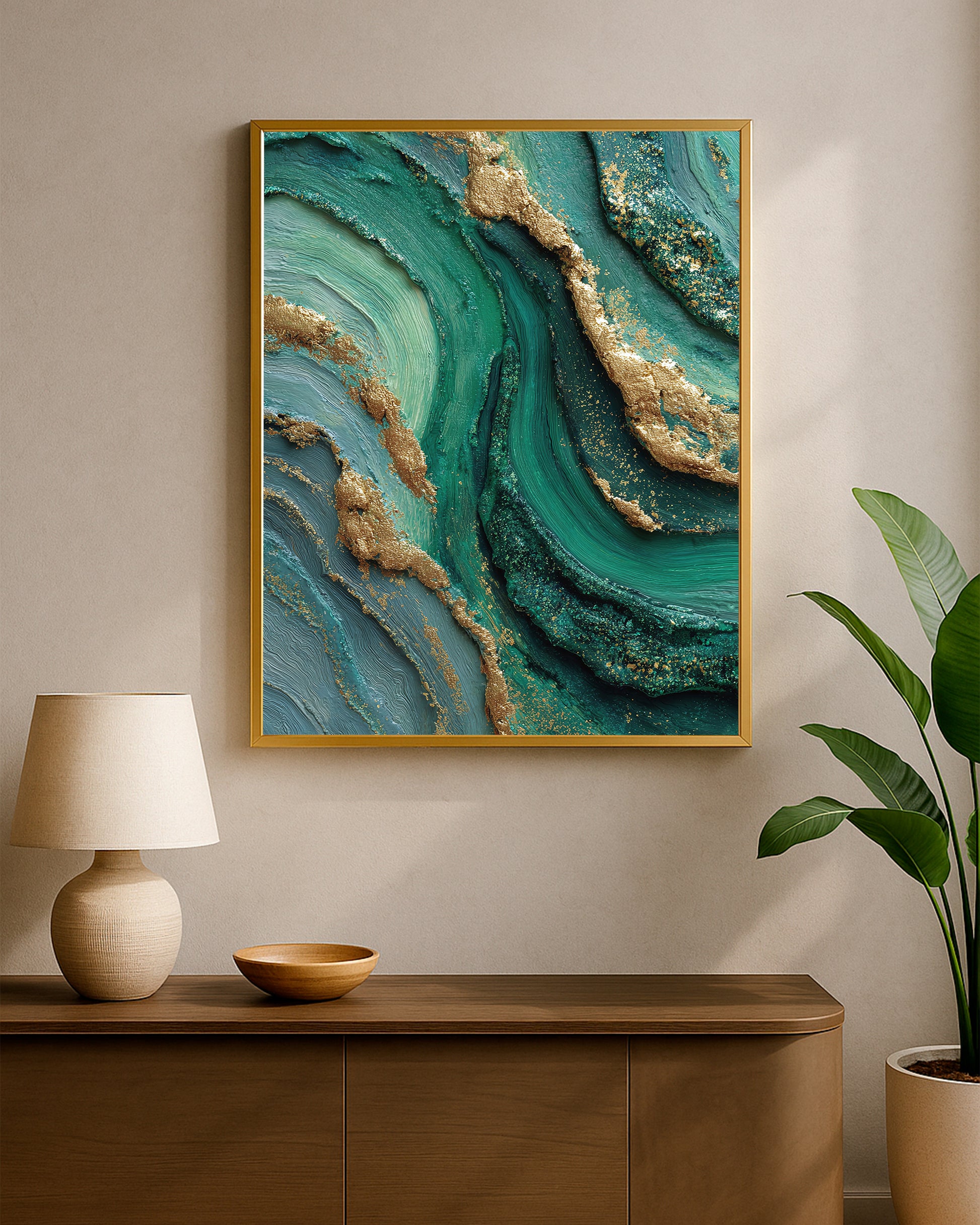 Modern emerald wall art with deep teal layers, tactile texture, and bold gold accents.