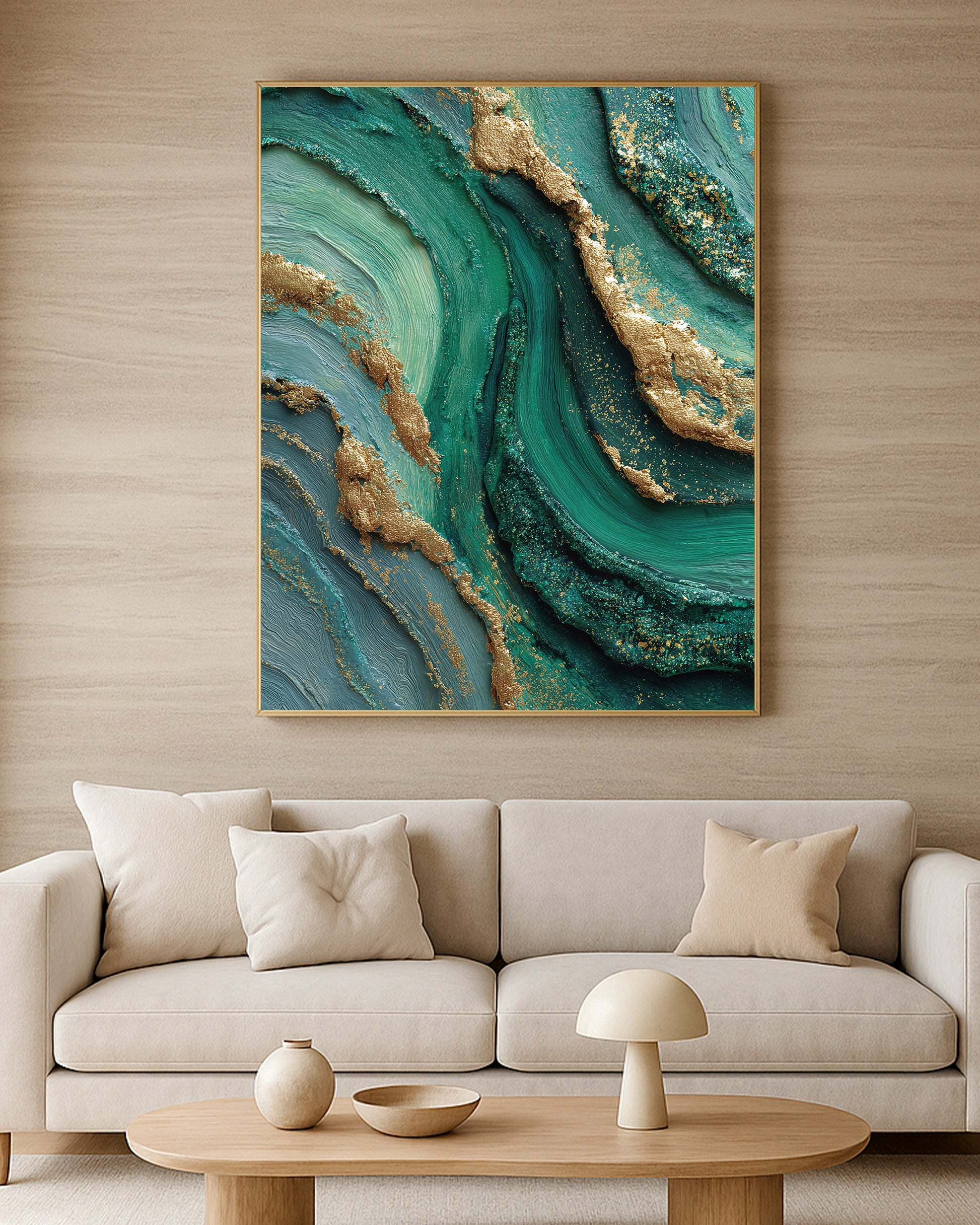 Jewel-toned abstract print with green-blue movement, raised gold texture, and refined organic detail.