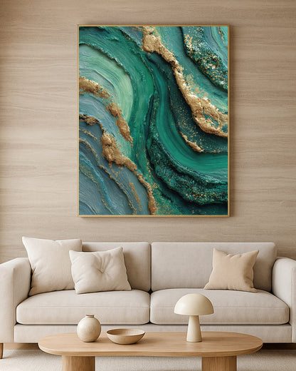 Jewel-toned abstract print with green-blue movement, raised gold texture, and refined organic detail.