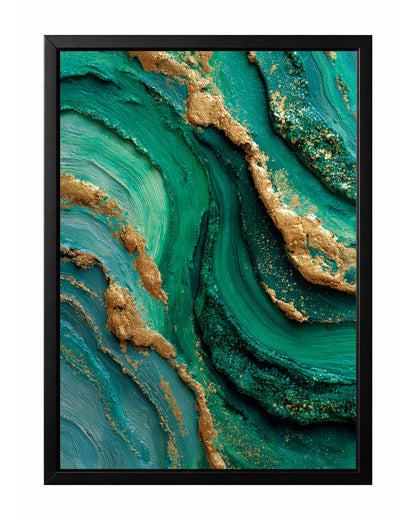 Emerald green gold abstract wall art with close-up mineral texture, raised gold accents, and teal movement.