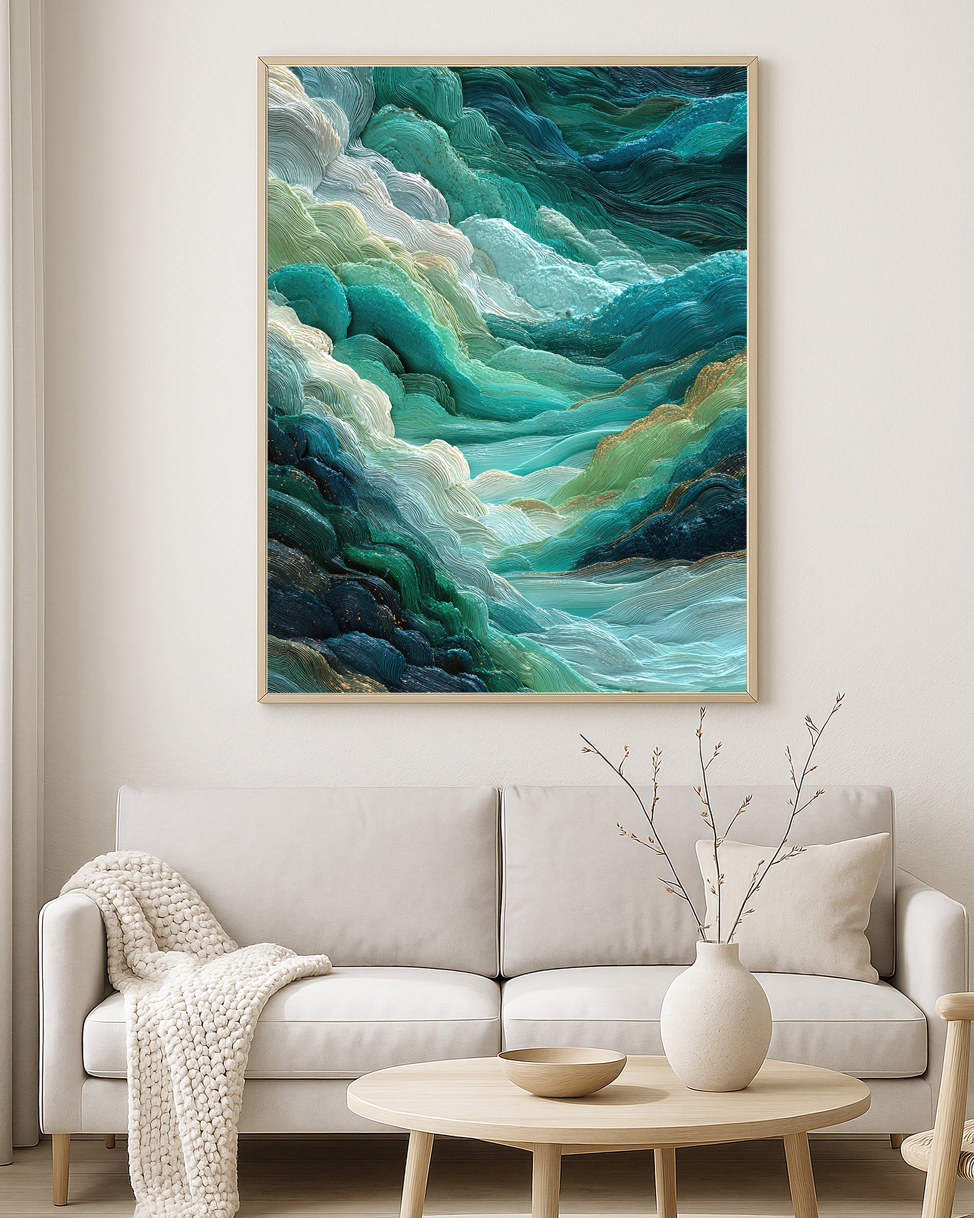 Serene abstract landscape print featuring flowing teal valleys, pale aqua highlights, and deep green shadows.