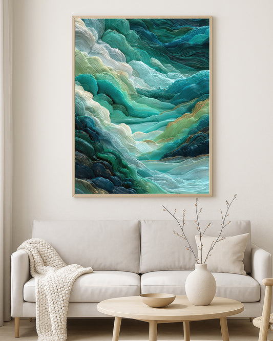 Serene abstract landscape print featuring flowing teal valleys, pale aqua highlights, and deep green shadows.