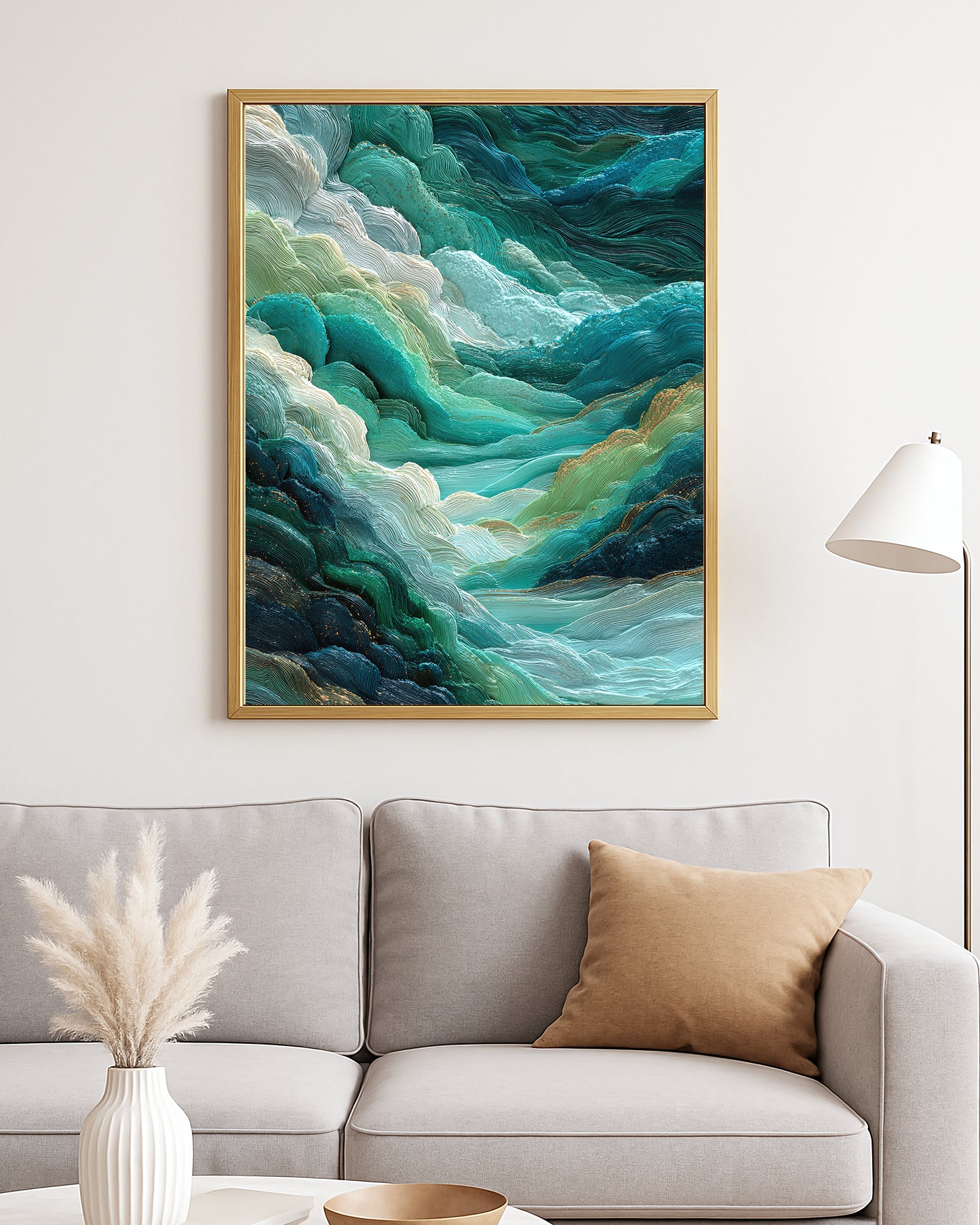 Jewel-toned wall art with layered emerald and turquoise forms, ivory texture, and subtle gold accents.