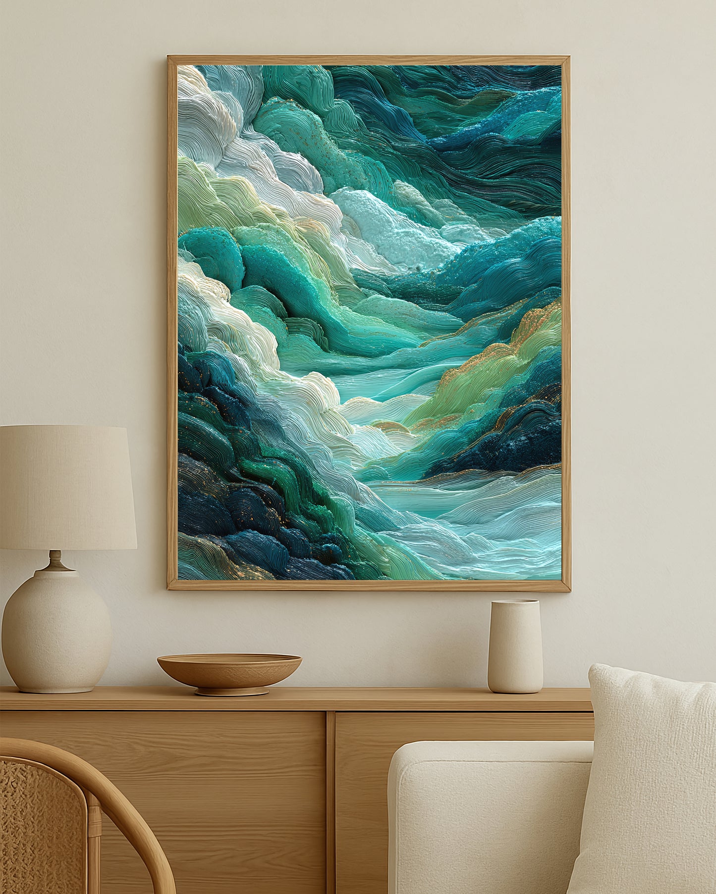 Modern abstract landscape artwork showing soft teal wave forms with sculptural depth and calm atmosphere.