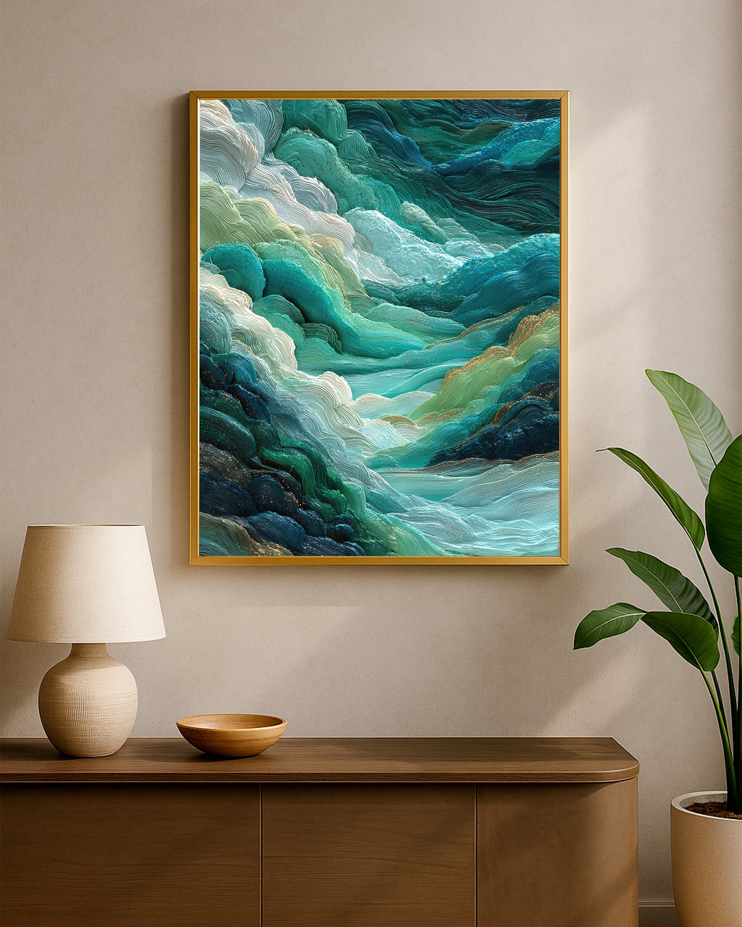 Textured teal landscape print with aqua, emerald, navy, ivory, and gold organic layered shapes.