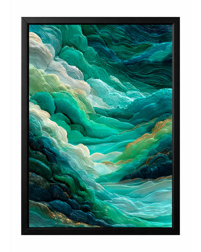 Emerald teal abstract landscape wall art with aqua, ivory, navy, and gold layered textured movement.