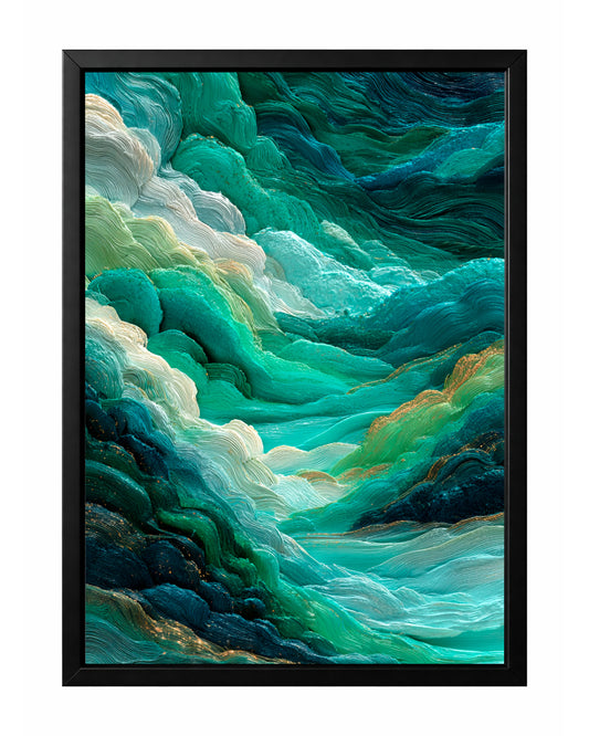 Emerald teal abstract landscape wall art with aqua, ivory, navy, and gold layered textured movement.