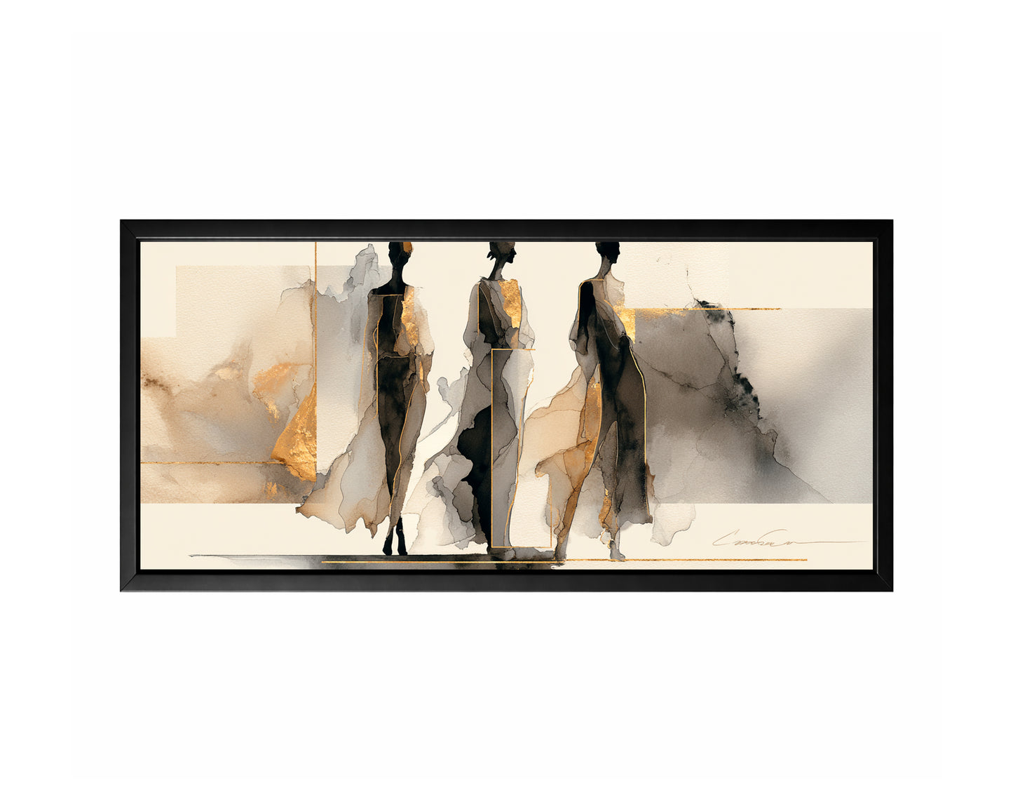 Panoramic fashion figure wall art with three elongated female silhouettes in black, gray, beige, and gold.