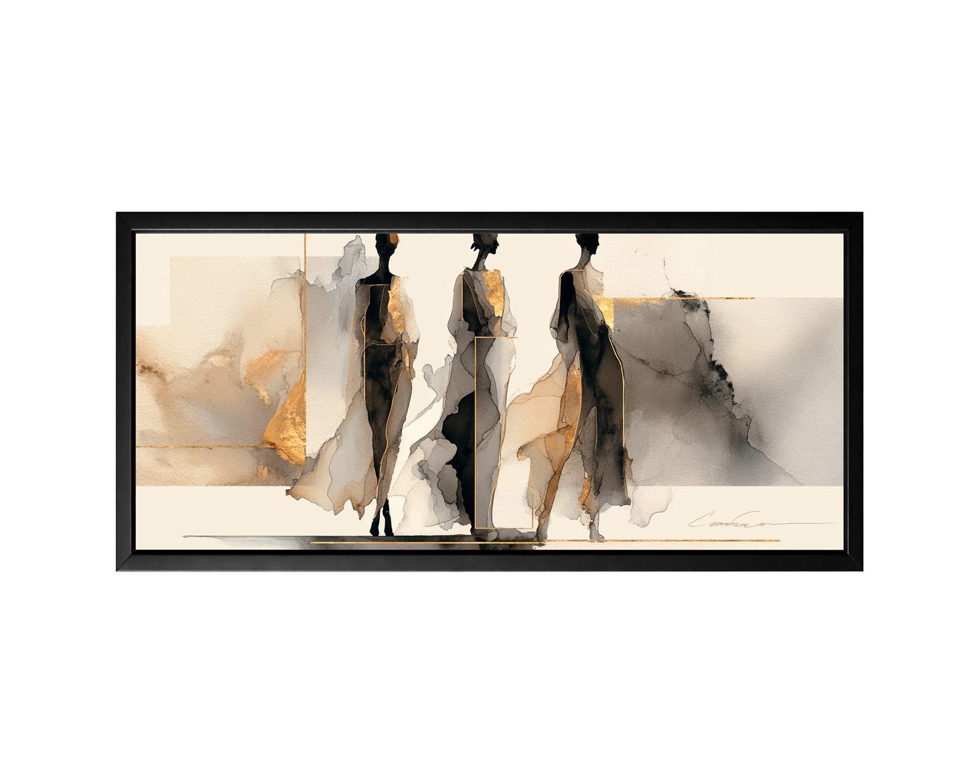 Panoramic fashion figure wall art with three elongated female silhouettes in black, gray, beige, and gold.