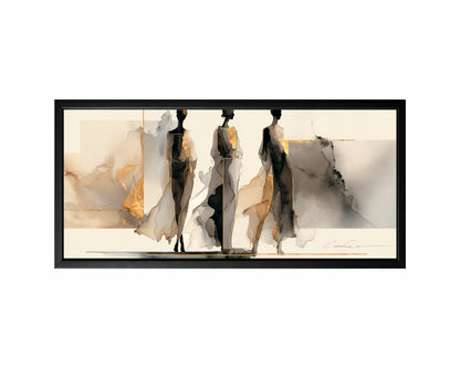 Panoramic fashion figure wall art with three elongated female silhouettes in black, gray, beige, and gold.