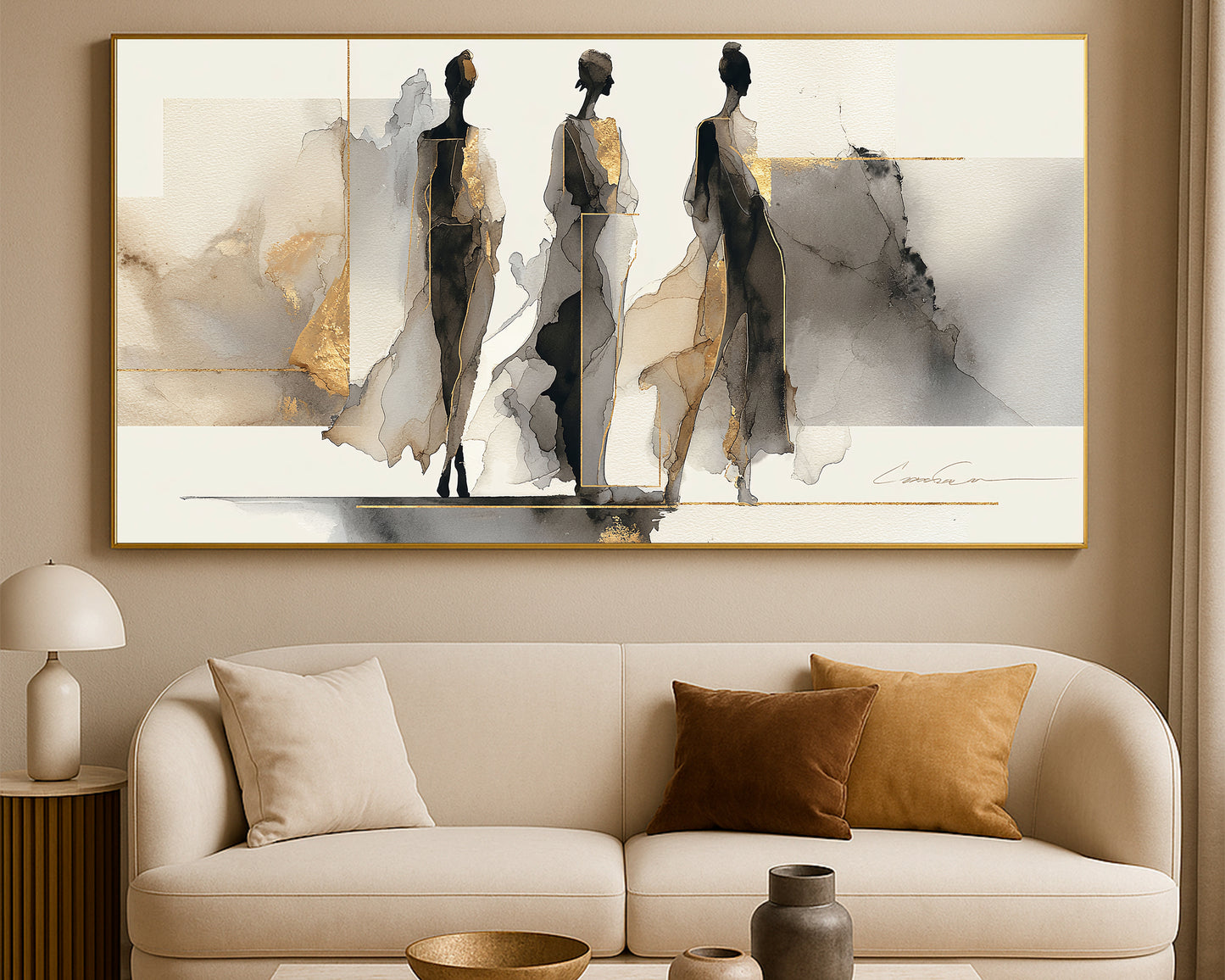 Elegant abstract figure artwork showing three feminine forms with watercolor textures and metallic gold accents.
