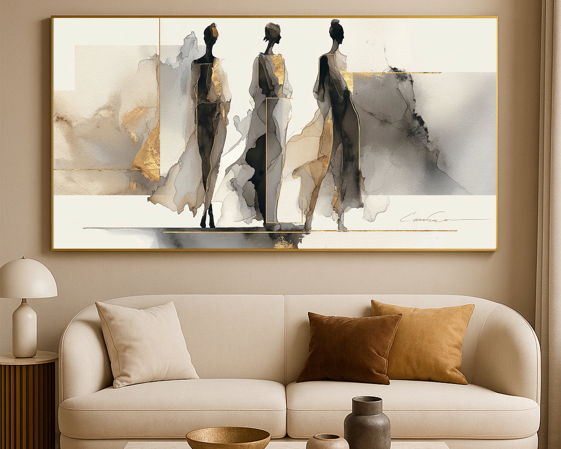 Elegant abstract figure artwork showing three feminine forms with watercolor textures and metallic gold accents.